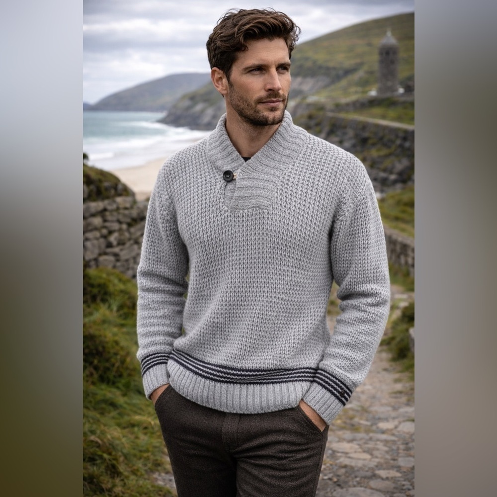Celtic & Co Mens Gray Wool Shawl Collar Sweater Sz L Chunky Knit Made in England